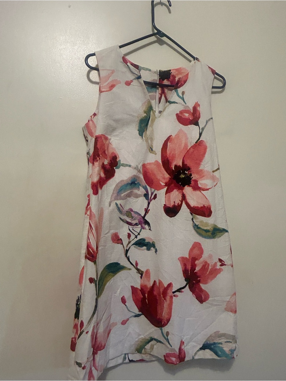 Love.lily White Linen Mini Shift Dress with Coral Floral Print Sz 4 Resortwear